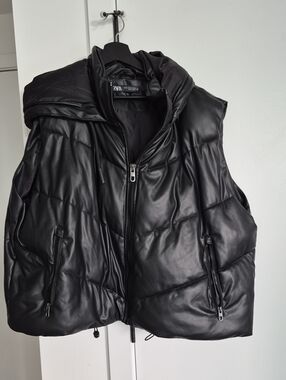 ZARA Black Quilted Faux-Leather Puffer Vest with Hood